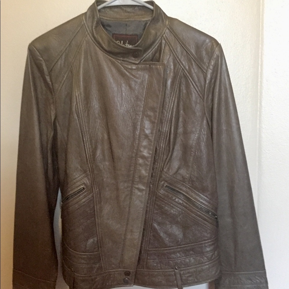 Cole Haan Exceptional LAMBSKIN Leather Jacket Muted Olive Sz L Like New